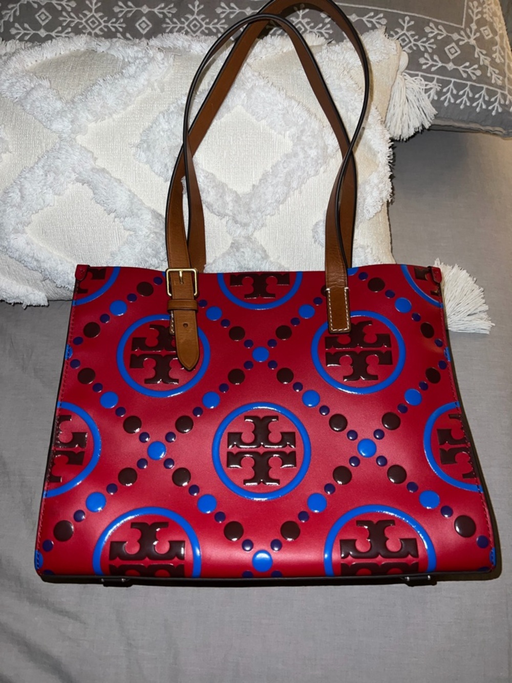 Tory Burch Red Logo Circle Print Tote with Brown Straps